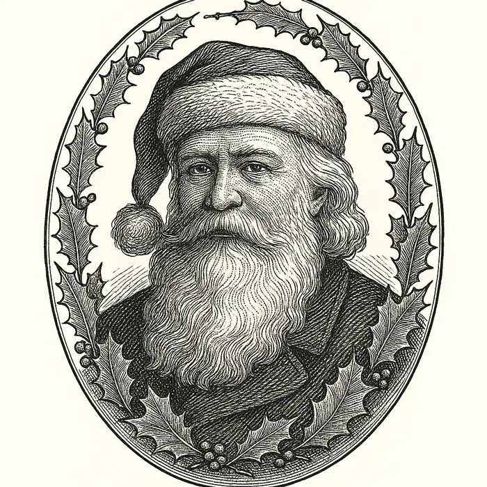 Engraved portrait of Santa Claus framed in holly