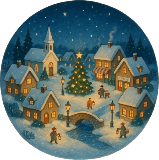 Illustration of a snowy village at night inside a circular frame