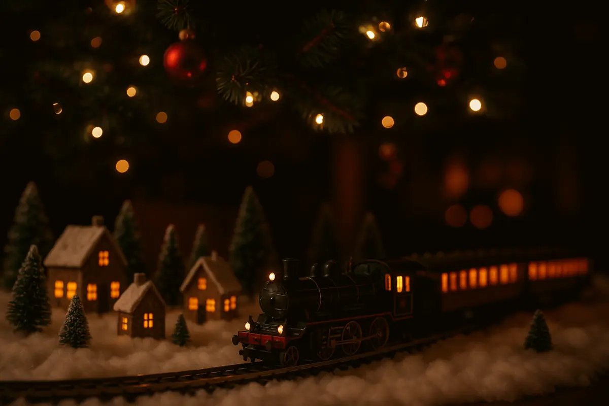 A vintage Christmas train winding past a lit miniature village