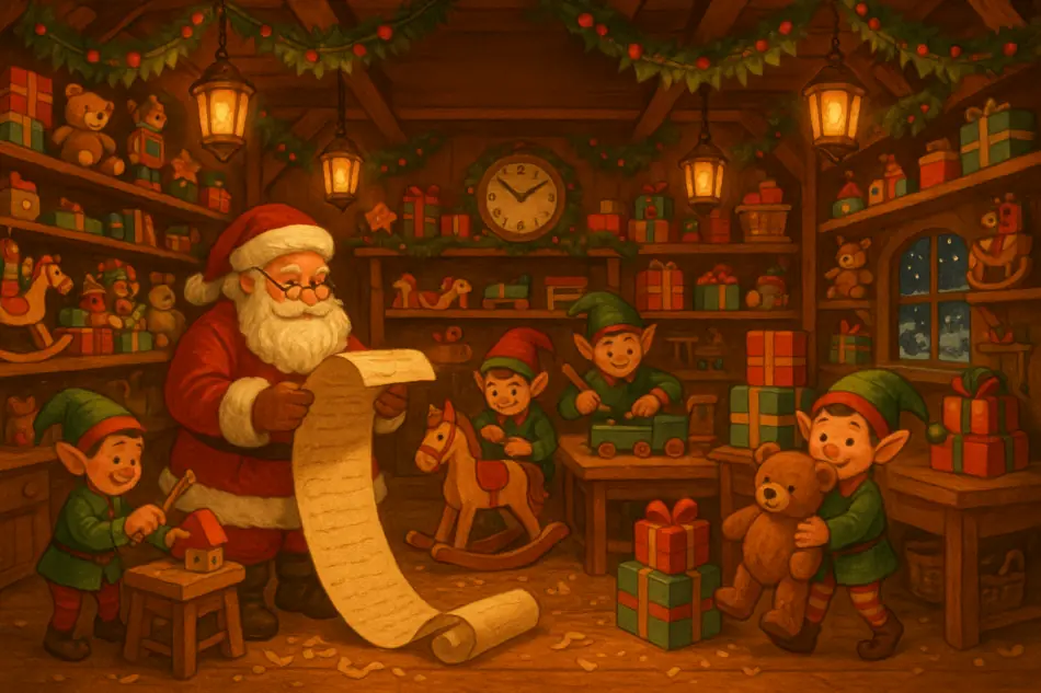Santa's workshop, warmly lit, with elves at the workbenches